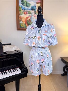 Blue Stripe Floral Shorts Set - Short Sleeve & Shorts